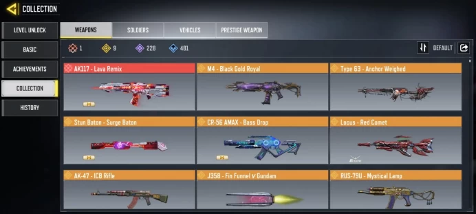 mythic gun 1 | legend gun 9 | LVL 400 | Epic Guns 228 | character Epics 104 | C: 14k | code 6422 | Saved:Activision