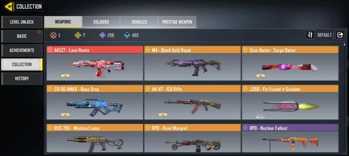 mythic gun 1 | legend gun 7 | LVL 400 | Epic Guns 256 | character Epics 109 | C: 64 | code 6423 |Saved:Activision