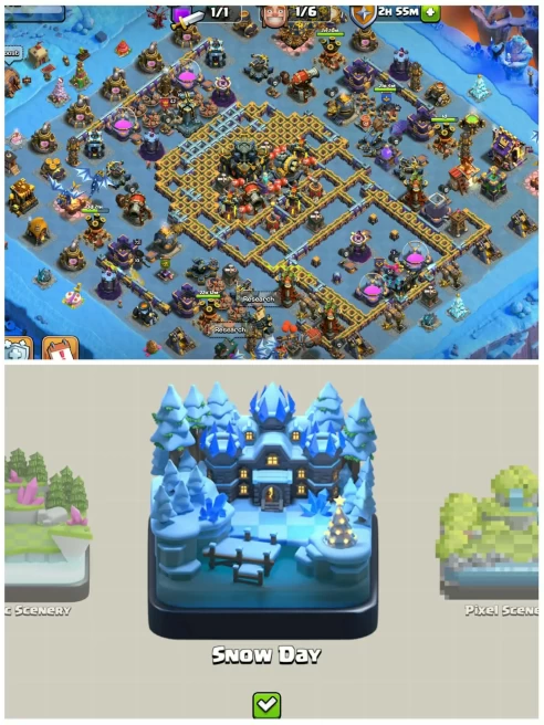 [3133 Gems]||Th17 Super Cheap Best Id||Snow Day Scenary||Heros:42-73-52-34-40||6th Builders||Bh-10||8 Skins||Exp:212