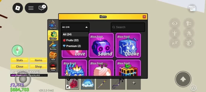 iOS/Android - Global - Level 2800 (Max) - Money 684K - Swords 4 - Guns 2 - Fruits 22 - Code980