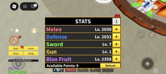 iOS/Android - Global - Level 2145 - Money 1074000 - Swords 17 - Guns 8 - Fruits 11 - Code981