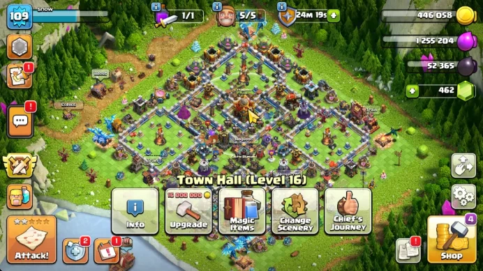 TH 16 - BH 8|Limited Skin|LV 109|HH 8|BK 21,AQ 26,GW 11,MP 10,RC 17|Gems 472|CN ON|ProtectOFF|TAKE MAIL(COC1836)