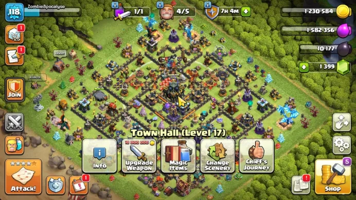 TH 17 - BH 8|Limited Skin|LV 118|HH 9|BK 38,AQ 45,GW 21,MP 41,RC 13|Gems 1399|CN Off|ProtectOFF|TAKE MAIL(COC1841)