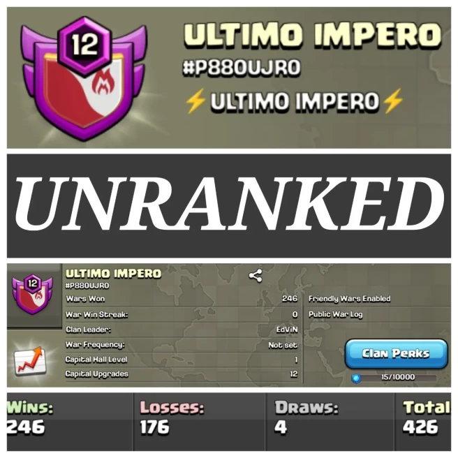 LEVEL- 12 | NAME- ULTIMO IMPERO I WAR LOG WIN- 246 : LOSS- 176 | CWL- UNRANKED | CC- 1 | AMAZING NAME & WAR LOG | INSTANT DELIVERY