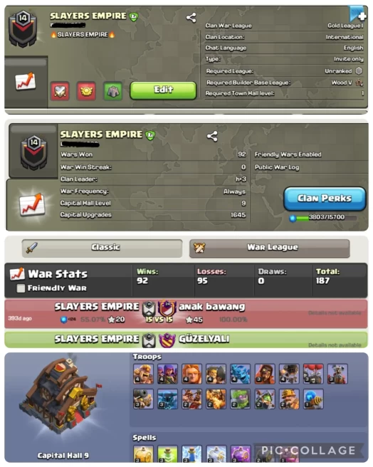 || LEVEL 14 || GOLD 1 + CC:9  || NAME : SLAYERS EMPIRE || 92 WINS 95 LOSSES DRAWS : 0