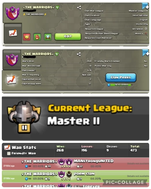 || MASTER 2+ LEVEL 12.9+ || NAME: THE WARRIORS || 268 WINS 196 LOSSES 9 DRAWS