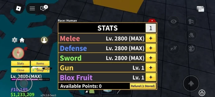iOS/Android - Global - Level 2800 (MAX) - Money 1233000 - Swords 4 - Guns 1 - Fruits 26 - Code983