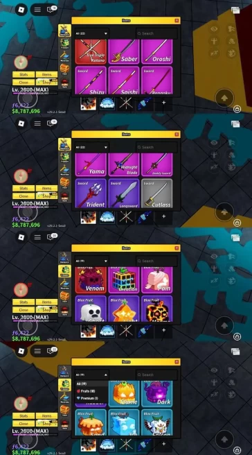 iOS/Android - Global - Level 2800 (Max) - Money 8787000 - Swords 14 - Guns 6 - Fruits 18 - Code985