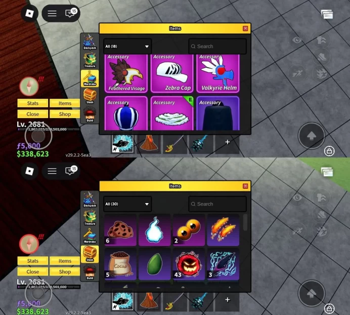 iOS/Android - Global - Level 2681 - Money 338K - Swords 14 - Guns 6 - Fruits 13 - Code986