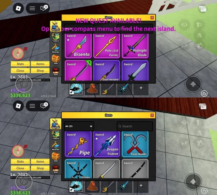 iOS/Android - Global - Level 2681 - Money 338K - Swords 14 - Guns 6 - Fruits 13 - Code986