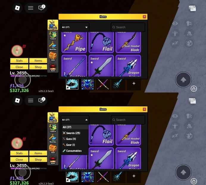 iOS/Android - Global - Level 2650 - Money 327K - Swords 25 - Guns 11 - Fruits 12 - Code988
