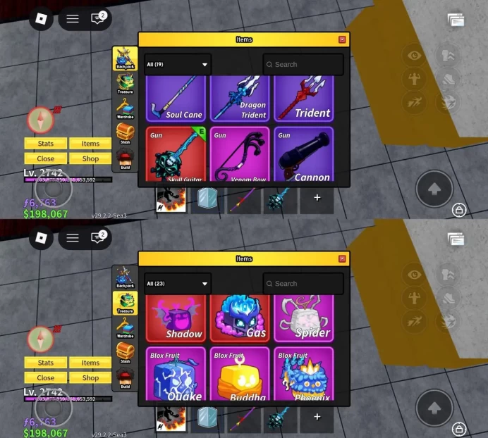 iOS/Android - Global - Level 2742 - Money 198K - Swords 12 - Guns 6 - Fruits 23 - Code999