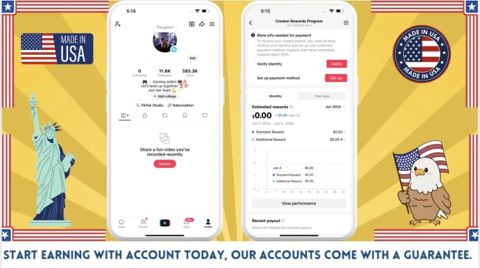 US Monetized Creator Rewards Program Account | 11k Real Followers & 385k Likes | Real screenshots + Full Access + Account in Good Standing