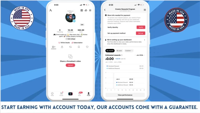100% Monetized USA Account Creator Rewards Program Active | 10k Real Followers & 384k Likes | Real Screenshots + Full Access + Good Standing