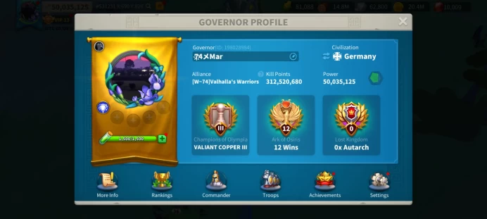50M Power - KVK3 (Young T5 Acc 332 Days Old) - Expertise Huo Qubing & Arthur Pendragon - 350 Golden Heads, 420 Days Speedups, 425 Gold Keys #358