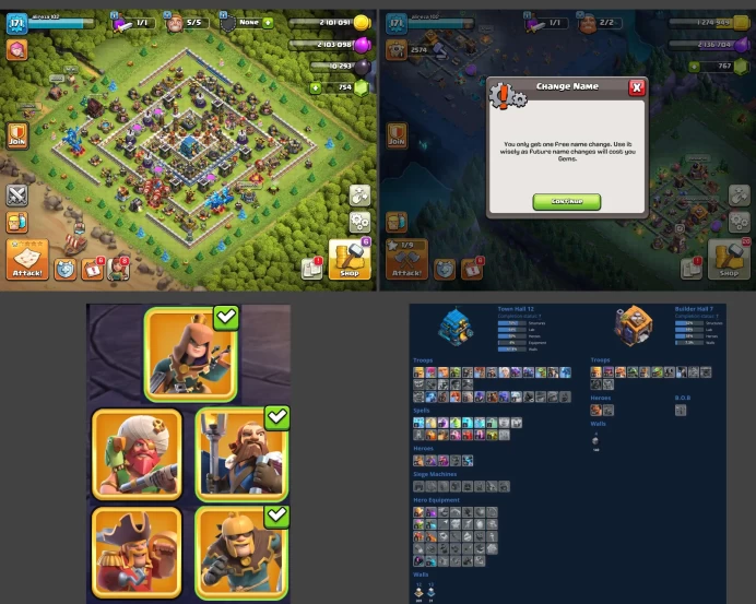 ■TH:12 (+60%) ■Heroes: K47 Q53 P30 W23 ■Skins:5 ■BH:7 ■Full Access ■Instant Delivery ■A4684