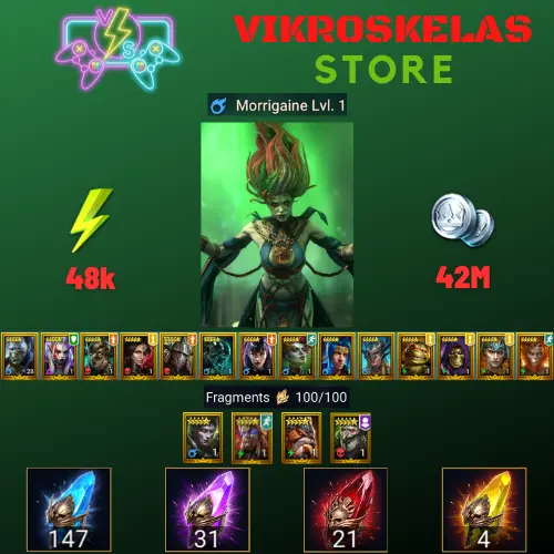 Starter with Morrigaine + Shards : 147 Ancient, 31 Void, 21 Primal, 4 Sacred | Ninja + 16 Login Legendary | Mine max