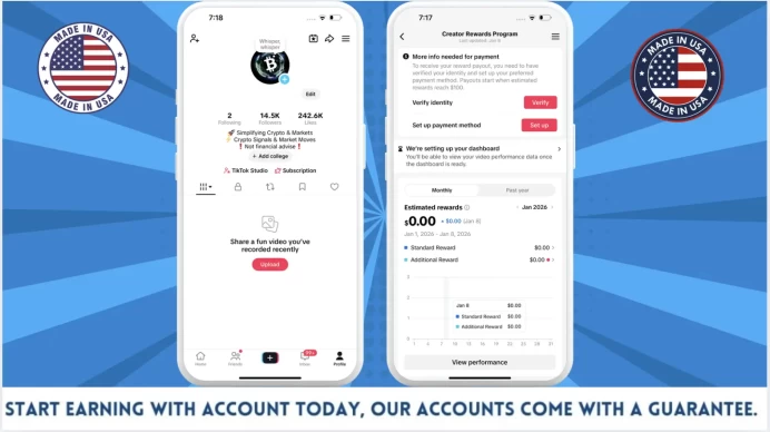 100% Monetized USA Account Creator Rewards Program Active | 14k Real Followers & 242k Likes | Real Screenshots + Full Access + Good Standing