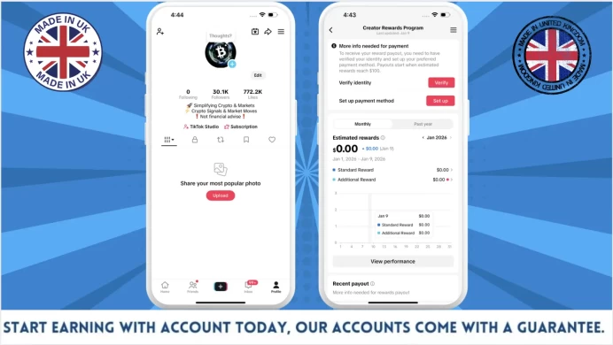 100% Monetized UK Account Creator Rewards Program Active | 30k Real Followers & 772k Likes | Real Screenshots + Full Access + Good Standing