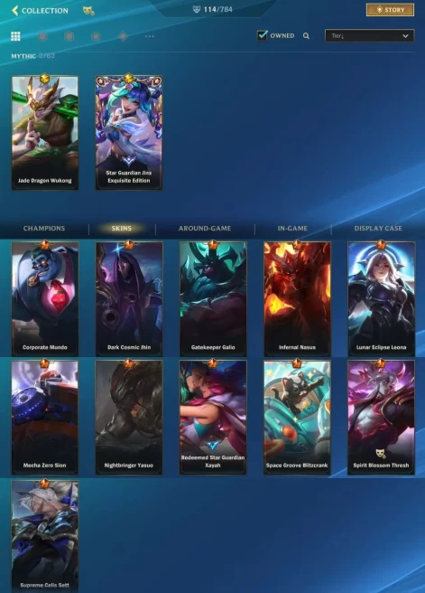 (S20)EU | RU | OCE | 114 SKINS | Mythical Skins 2 | 11 Legendary | 55 Epic | 133 CHAMPIONS |