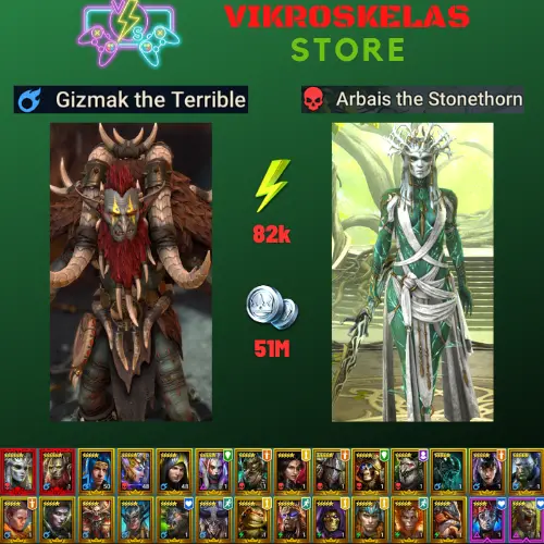 Starter with 2 Mythical - Gizmak and Arbais : 82k energy / 51 mln coins / Prince Kymar, Jintoro, Hakkorhn, Arix, Ninja + 19 Login Legendaries