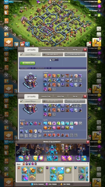 TH15 ALMOST MAX - XP LVL 183 - HERO ALMOST MAX - 6 EPIC EQUIPMENT - IOS & ANDRIOD