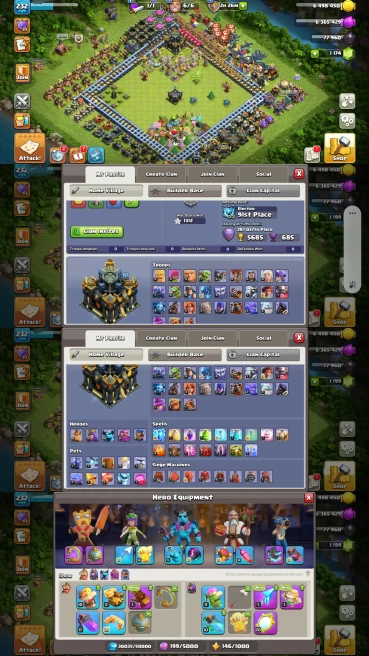 TH17 DEF MAX - XP LVL 232 - HERO [85/91/60/51/47] - 11 EPIC EQUIPMENT - 11 HERO SKINS - IOS & ANDRIOD