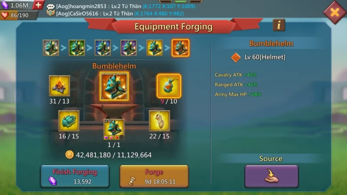 LORD1231 - 1B6 Mights (T5) - Vip 15 - ATK 588+ | 1 cup gold + Orange Equipment - 41M Troop -  757M Research - 1M Gem - lots of resources  - 34 M