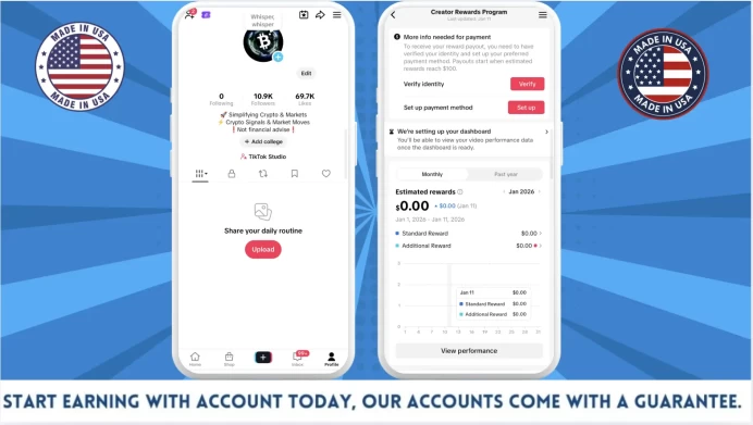 100% Monetized USA Account Creator Rewards Program Active | 10k Real Followers & 69k Likes | Real Screenshots + Full Access + Good Standing