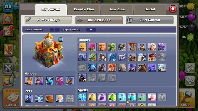 TH 16 - BH 10|Skin Lava Prince|LV 136|HH 10|BK 46,AQ 90,GW 32,MP 17,RC 25|CN OFF|Protect OFF|TAKE MAIL(COC1858)