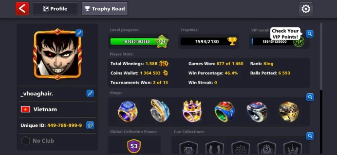 8BP18:  Lv53 - Vip Diamond - 17 Cues Legendary -  1m3 Coin