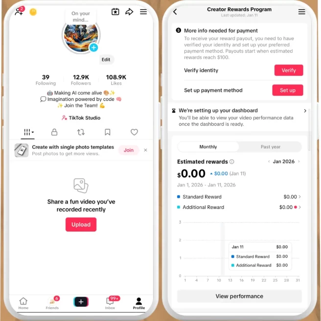 Fully Monetized Creator Rewards Program Account – 12K Real Followers & 108K Likes | Instant Earnings, Full Access & Account in Good Standing