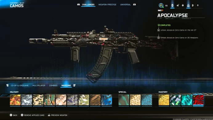 | BO7 /WZ | Prestige Master – Level 56| 30x Apocalypse Guns | 30 Guns Fully Maxed| 400+ Camos | 20+ Operators |