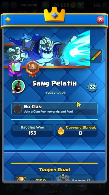 Lvl 22|Trophy 4160|KTL 9|Limited Skin|Card 75| 1 EVO 4 Legendary 18 Epic, 27 Rare, 27 Common|TakeEmail(CR1182)