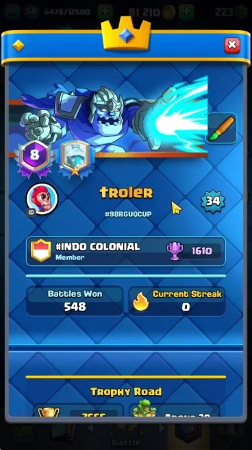 Lvl 34|Trophy 7555|KTL 12|Limited Skin|Card 115| 2 Hero 4 EVO 7 Champ 13 Legendary 33 Epic,30 Rare,29 Common|TakeEmail(CR1190)