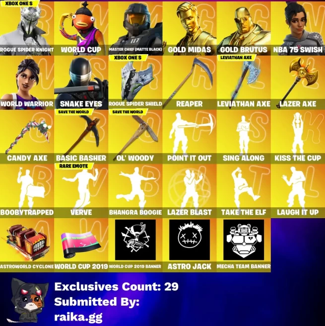 [PC/PSN/XBOX] 242 skins | Leviathan Axe | Aerial Assault Trooper | Rogue Spider Knight | WORLD CUP | Master Chief (Matte Black) | Gold Midas 
