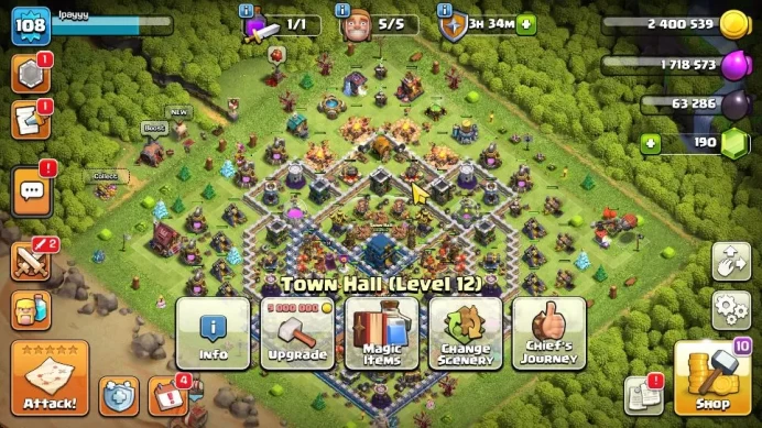 TH 12 - BH 6|Limited Skin|LV 108|HH 6|BK 50,AQ 54,GW 21,MP 38,RC 0|CN ON|Protect OFF|TAKE MAIL(COC1857)