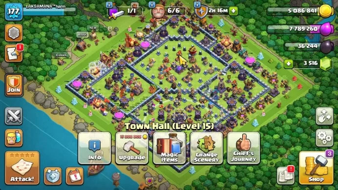 TH 15 - BH 9|Limited Skin|LV 177|HH 9|BK 80,AQ 80,GW 65,MP 50,RC 40|Gems 3,5K|CN OFF|Protect OFF|TAKE MAIL(COC1862)