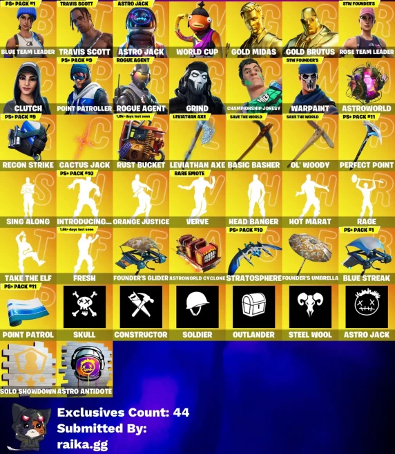 [PC/PSN/XBOX] 132 skins | OG STW | Travis Scott | Astro Jack | WORLD CUP | Gold Midas | Gold Brutus | Clutch | Point Patroller 