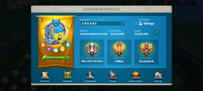 22M Power - Offseason KVK 2 KD 3888 - Pyrrhus 5553(2 skills to Expertise) - VIP 11 - 653M Resources - 1 Pasport - 1 Legend & 6 Epic Equip #363 