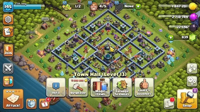 TH 13 - BH 7|Limited Skin|LV 145|HH 7|BK 61,AQ 68,GW 36,MP 46,RC 22|CN OFF|Protect OFF|TAKE MAIL(COC1875)