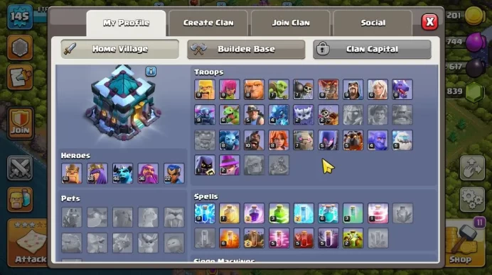 TH 13 - BH 7|Limited Skin|LV 145|HH 7|BK 61,AQ 68,GW 36,MP 46,RC 22|CN OFF|Protect OFF|TAKE MAIL(COC1875)