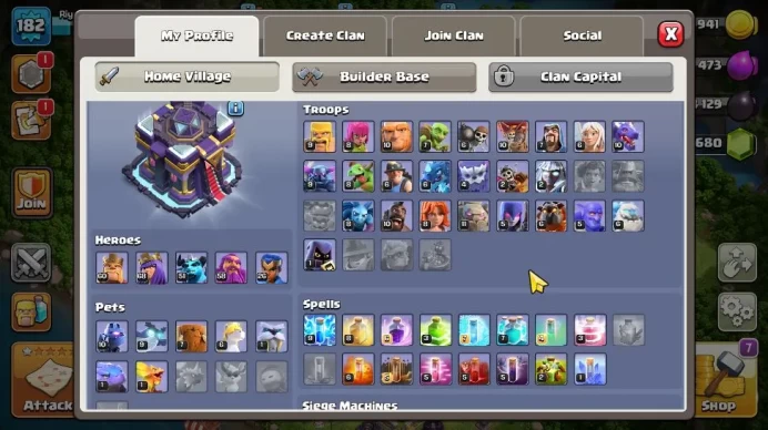 TH 15 - BH 10|Limited Skin|LV 182|HH 8|BK 60,AQ 68,GW 58,MP 51,RC 26|CN OFF|Protect OFF|TAKE MAIL(COC1877)