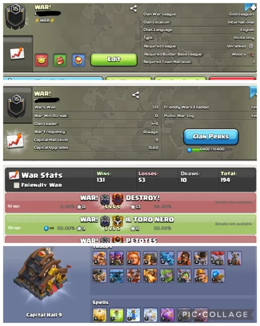 || LEVEL 15 || GOLD 1 + CC:9 || NAME : WAR || 131 WINS 53 LOSSES DRAWS : 10