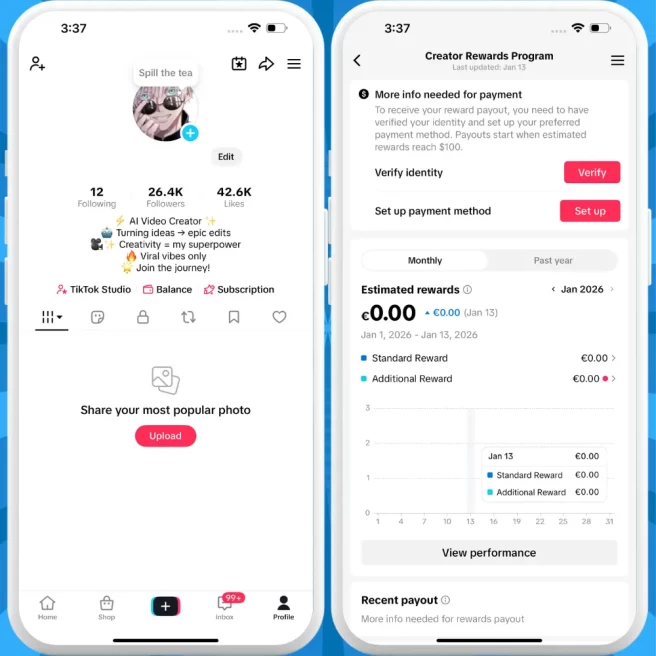 [Discounted] France Monetized Creator Rewards Program Account | 26K Followers & 42K Likes | Verified Screenshots + Instant Delivery