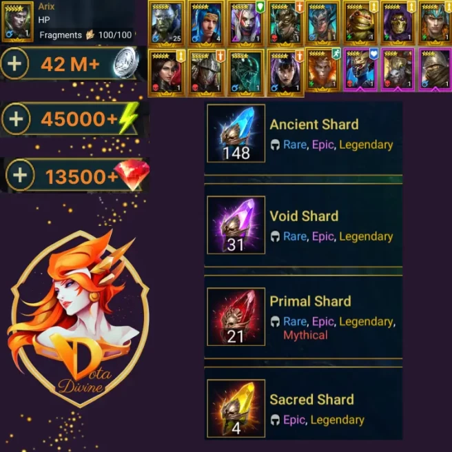 Shard \ Shards  21 Primal + 4 Sacred + 31 Void +  148 Ancient + Legendary + Rubin + 13500 + Silver 42 Million + 45000 + energy + TOMS