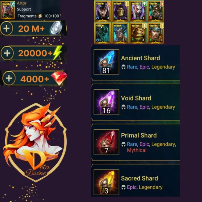 Shard \ Shards  7 Primal + 3 Sacred + 16 Void +  80 Ancient + Legendary + Rubin + 4000 + Silver 20 Million + 20000 + energy + TOMS