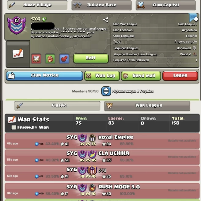 Clan level 13 / SYG / Gold 1 