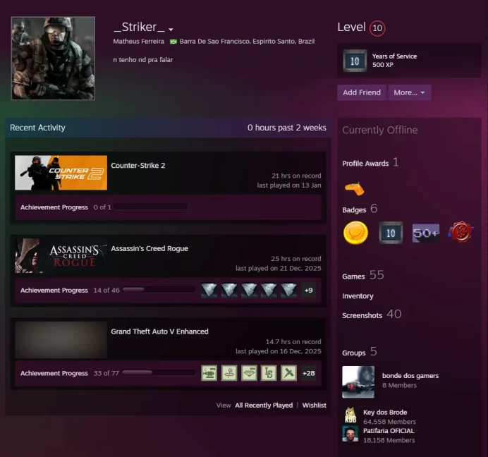 55Game-CS2 Prime 21 hours+3Medals(5 Year Veteran Coin/Loyalty Badge/Global Offensive Badge)