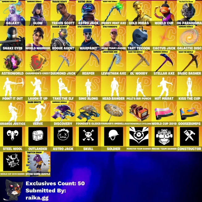 [PC/PSN/XBOX] 218 skins | Travis Scott | OG STW | Galaxy | Glow | Astro Jack | Gold Midas | WORLD CUP | OG Paradigma | Snake Eyes